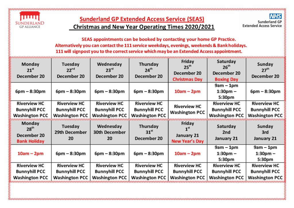 SEAS Christmas and New Year Opening Times 2020 2021